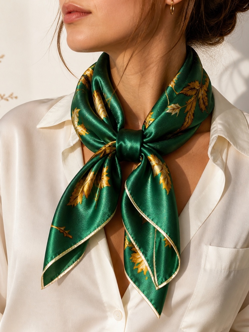 Emerald Green Satin Square Scarf Gold Botanical Equestrian Print